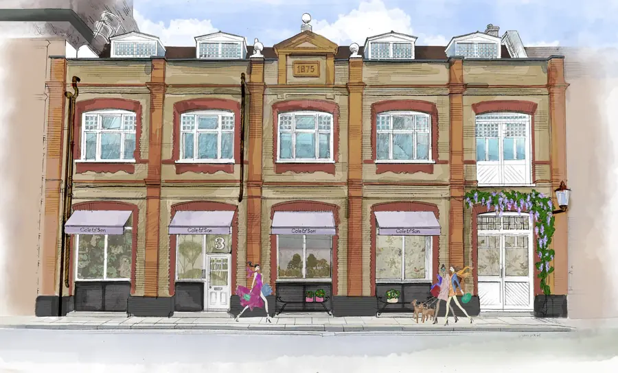 Tekening van de winkel aan Jubilee Place in Londen. Behang van Cole & Son.