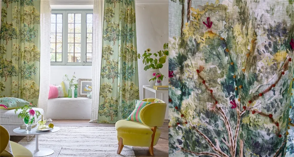 Gevouwen stoffen in groen en blauw op elkaar. Stoffen van Designers Guild.