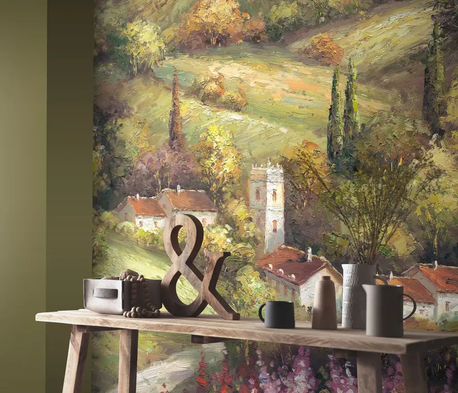 Wandbeeld met landschap achter een console. Behang van Dutch Wall Decor.
