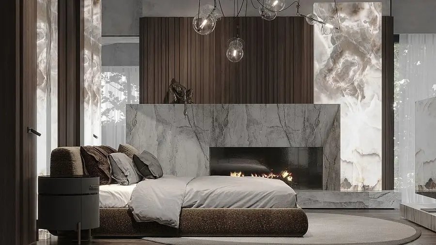Slaapkamer met marmeren haard. Stoffen van Fine.