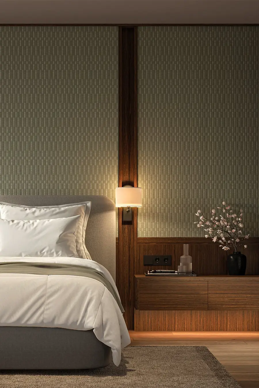 Slaapkamer met wandbekleding. Stoffen van Holland & Sherry.