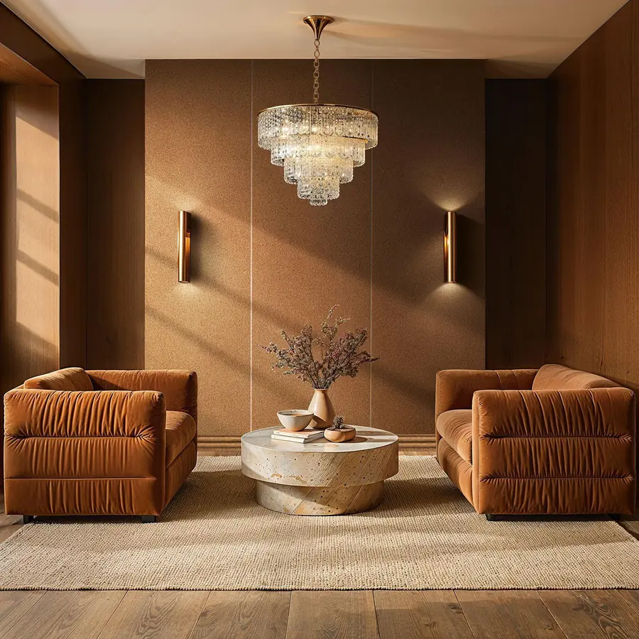 Bruine salon met kroonluchter en velours zetels. Behang van Hooked on Walls.