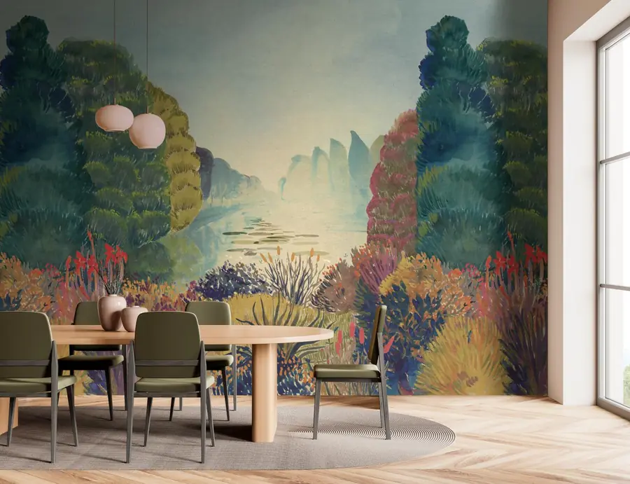 Eetkamer met geschilderd landschap op de wand. Behang van Hooked on Walls.