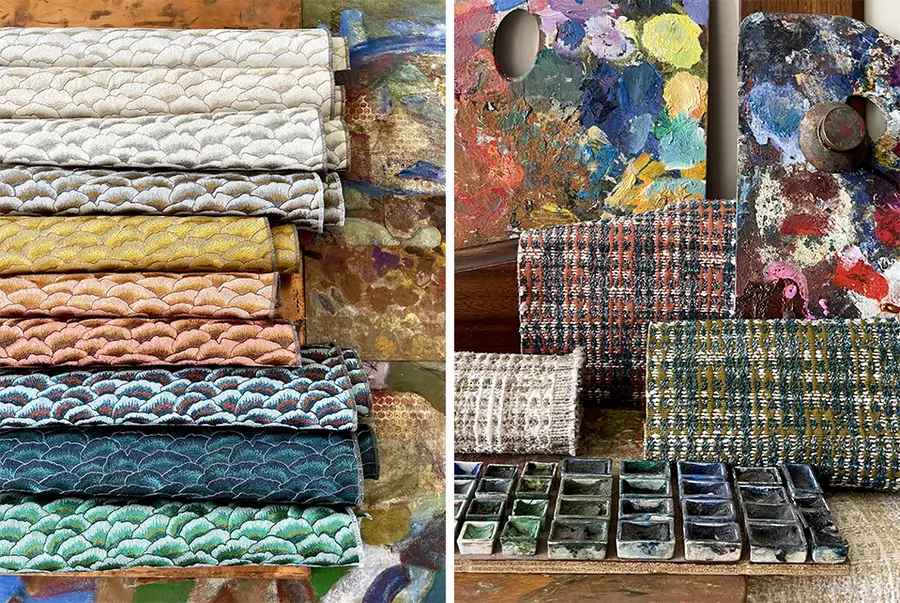 Gestapelde passementerie in het atelier. Stoffen van Karin Sajo.