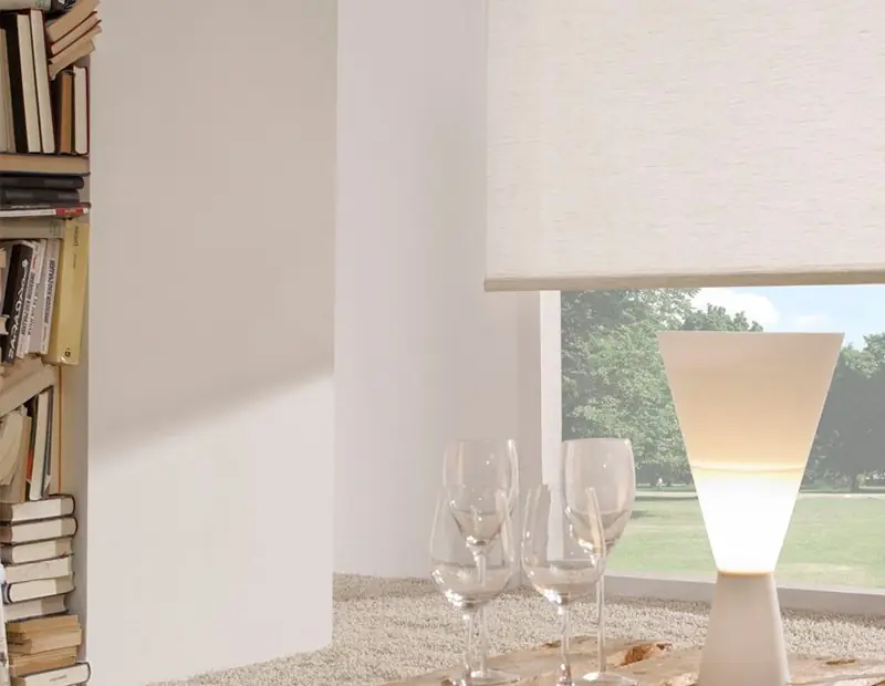 Kamer met rolgordijn, lamp en boekenkast. Raamdecoratie van Pepa Pastor.