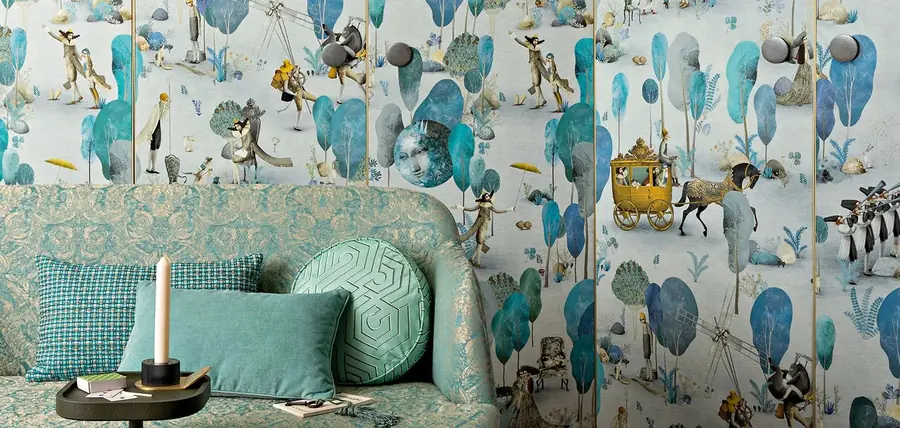 Kamer met bedrukte wandbekleding. Stoffen van Rubelli.